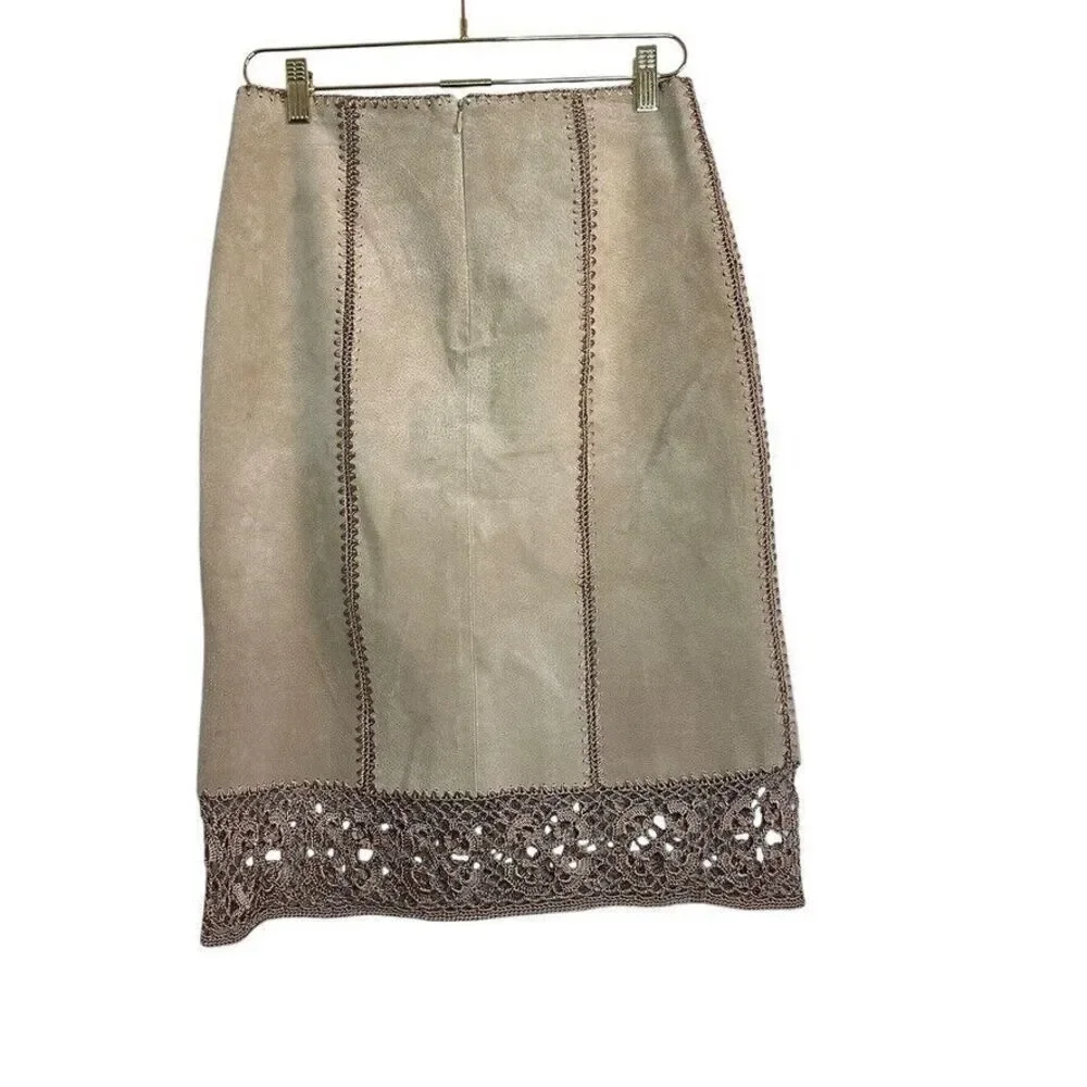 IDI Vintage Leather‎ Suede Skirt Women's M Tan Crochet Retro 70s 80s Hippie Boho